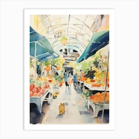 Food Market With Cats In Rome 2 Watercolour Art Print