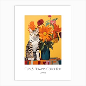 Cats & Flowers Collection Zinnia Flower Vase And A Cat, A Painting In The Style Of Matisse 0 Art Print