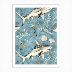 Pastel Blue Zebra Shark Watercolour Seascape Pattern 3 Art Print