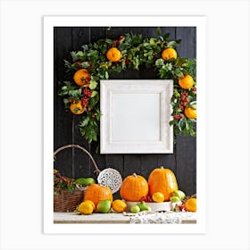 A Captivating Autumnal Scene Showcasing Ripe Oranges And Vibrant Pumpkins Resting On A Rustic Table (7) Art Print