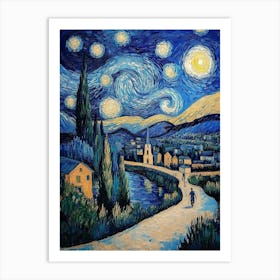 Starry Night Vincent Van Gogh Painting Style, Landscape In Blue Tones Masterpiece Art Print