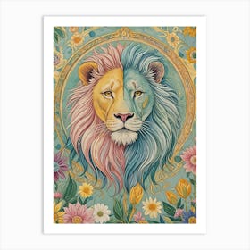 Lion And Flowers In Pastel Art Print