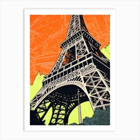 Eiffel Tower Paris France Linocut Illustration Style 4 Art Print