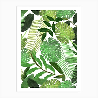 Green Tropical Watercolor Leaves Pattern Art Print