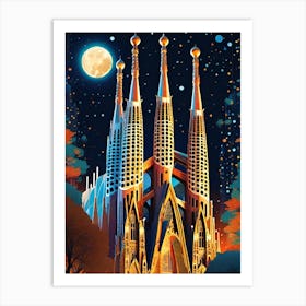 Sagrada Familia Cathedral ~ Gothic Gaudi Barcelona ~ Spain Travel Adventure Visionary Wall Decor Futuristic Sci-Fi Trippy Surrealism Modern Digital Psychedelic Cubic Fantasy Art Full Moons Stars Mandala Spiritual Fractals Space DMT Vibrant Art Print