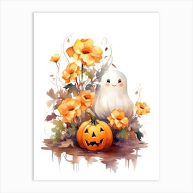 Cute Ghost With Pumpkins Halloween Watercolour 119 Art Print