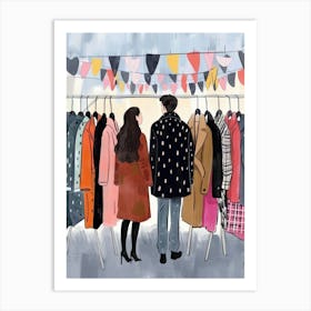 Illustration Of A Couple Looking At Clothes Art Print