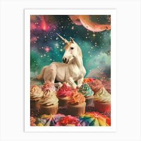 Unicorn In Space With Retro Rainbow Cupcakes Art Print