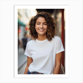 Confident Young Woman Smiling Posing In A Chic Stylish T Shirt Mid Shot Focus On Intricate Deta 2 Art Print