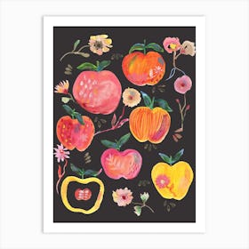 Apples And Florals Black Art Print