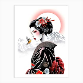 Geisha with Bird a AT Mountains - Color Sketch Art Print