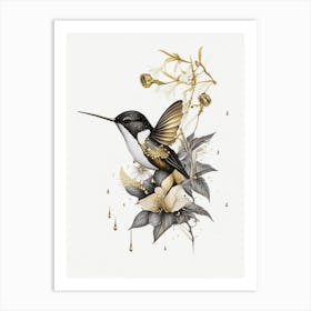 Hummingbird In Rain Vintage Gold & Black Art Print