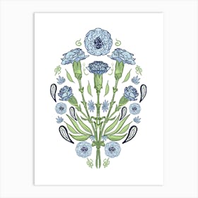 Blue Carnations Bouquet Indian Mughal Style Art Print