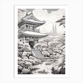 Hachijo Jima In Tokyo, Ukiyo E Black And White Line Art Drawing 1 Art Print