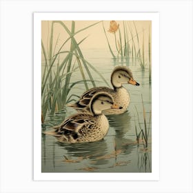 Ducklings Japanese Woodblock Style 3 Art Print