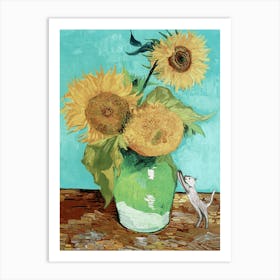 Van Gogh Lost Sunflowers Art with White Cat - Funny Famous Antique Cats Art for Humorous Wall Feature Decor in HD Art Print