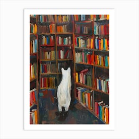 White Cat In The Library - Looking For Another Book Art Print