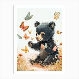 American Black Bear Cub Playing With Butterflies Storybook Illustration 3 Art Print