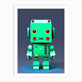 Green Robot On Turquoise Glitter Art Print