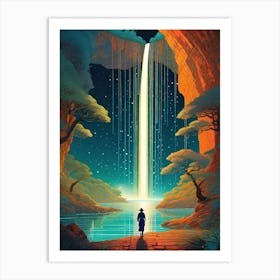 Legend Of The Waterfall - Trippy Abstract Cityscape Iconic Wall Decor Visionary Psychedelic Fractals Fantasy Art Cool Full Moon Third Eye Space Sci-fi Awesome Futuristic Ancient Paintings For Your Home Gift For Him Art Print