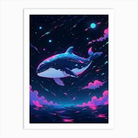 A Neon Drawing Of An Whale Floating In Space Art Print