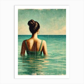 A Painting In A Vintage Oil Painting Style, Showing The Back Of A Woman With Dark Hair In A Bun, Wearing A Green Swimsuit. Art Print
