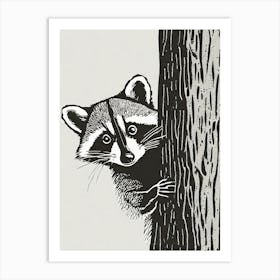 Curious Raccoon Peering From Behind A Tree Art Print