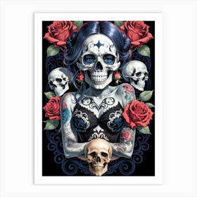Sugar Skull Girl With Roses Painting (34) Art Print