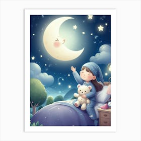 Little Girl Sleeping On The Moon Art Print