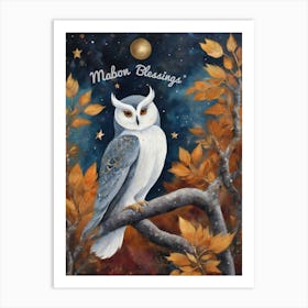 Mabon Blessings ~ White and Grey Owl in Autumn by Sarah Valentine ~ Pagan Fae Animals Series Art Print