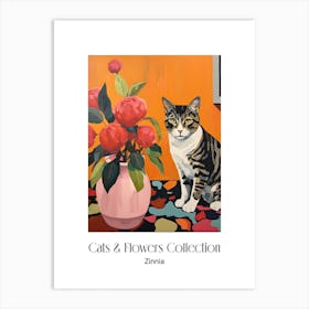 Cats & Flowers Collection Zinnia Flower Vase And A Cat, A Painting In The Style Of Matisse 3 Art Print