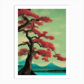 Red Leaves Autumnal Japanese Tree Mount Fuji Zen Art Print