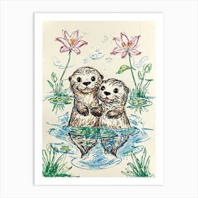 Otters In Water Art Print