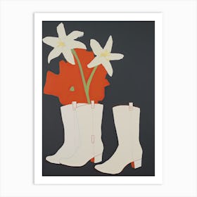 A Painting Of Cowboy Boots With White Flowers, Pop Art Style 12 Art Print
