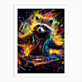 A Dj Raccoon Spinning Dj Decks Vibrant Paint Splash 1 Art Print