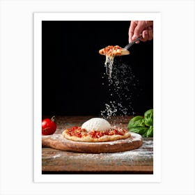 A Hand Stretching A Glistening Ball Of Pizza Dough Mid Action Flour Dusting In The Air From A Woode (5) Art Print