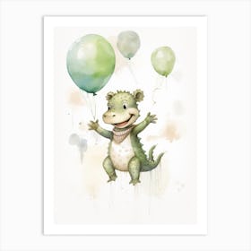 Baby Crocodile Flying With Ballons, Watercolour Nursery Art 3 Art Print