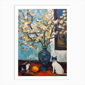 Still Life Of Magnolia With A Cat 2 Art Print