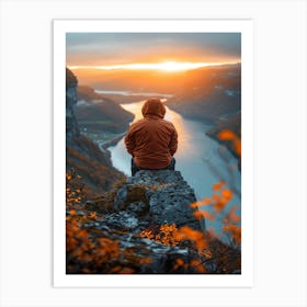 Man Sitting On Cliff At Sunset 1 Art Print