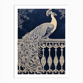 Peacock On Fancy Railing Linocut Inspired 2 Art Print