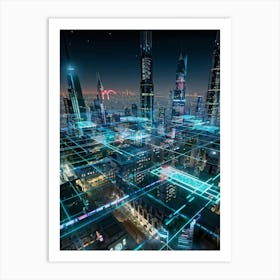 A Futuristic Cityscape Interconnected By Glowing Cyber Security Mesh Networks Represented By Pulsat (2) Art Print