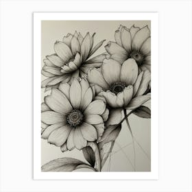 Black And White Drawing Of Flowers Art Print