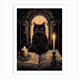 A Spooky Black Cat Reading A Book With Candles 2 Art Print