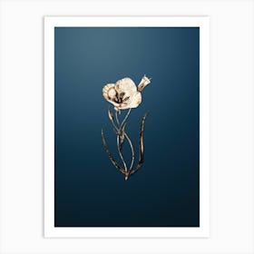 Gold Botanical Satiny Calochortus Flower Branch on Dusk Blue n.0592 Art Print