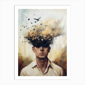 Man With Birds On His Head, Minimalism Art Print