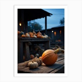 A Gourd Carefully Resting On A Weathered Wooden Table Settingfootprint In The Cement Market Under (4) Art Print