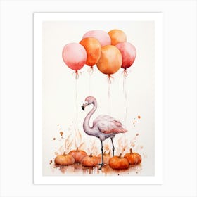 Flamingo Flying With Autumn Fall Pumpkins And Balloons Watercolour Nursery 4 Art Print