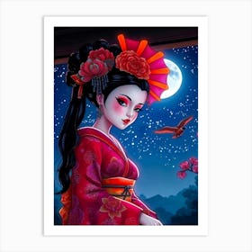 Geisha Girl At Full Moon Art Print