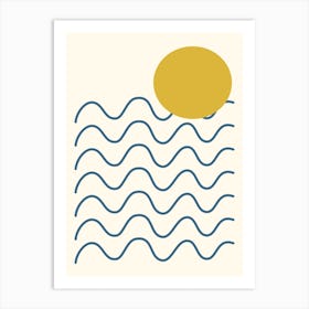 Minimalist Abstract Sun and Waves in Blue and Yellow Art Print