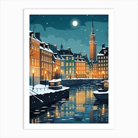 Winter Travel Night Illustration Copenhagen Denmark 1 Art Print
